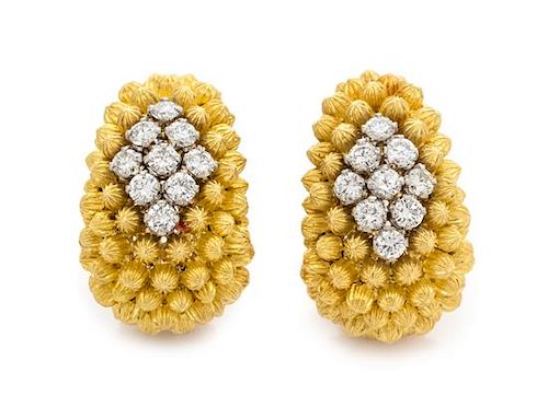 A Pair of 18 Karat Yellow Gold and Diamond Earclips, Italian, 13.90 dwts.
