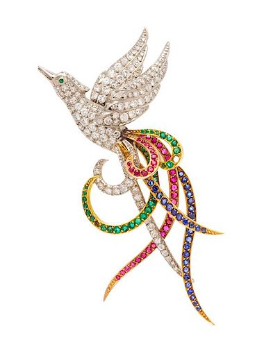 A Platinum, Yellow Gold, Diamond, Ruby, Sapphire and Emerald Bird of Paradise Brooch, 14.20 dwts.