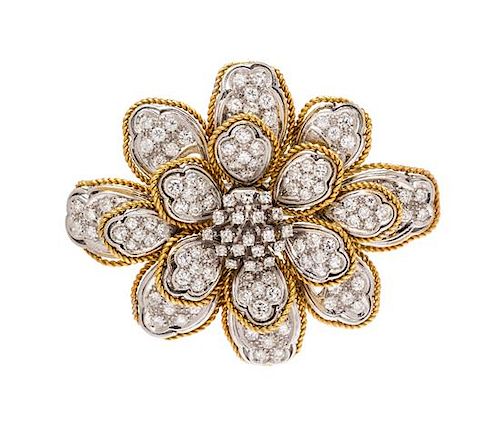 A Bicolor Gold and Diamond Flower Brooch, 18.80 dwts.