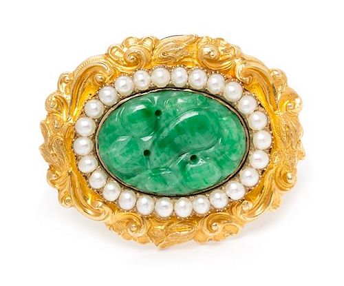 * An Early Victorian Yellow Gold, Seed Pearl and Jade Pendant/Brooch, 8.05 dwts.