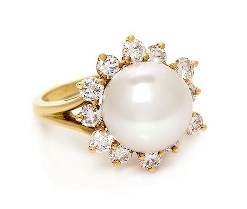 An 18 Karat Yellow Gold, Cultured South Sea Pearl and Diamond Ring, 5.15 dwts.