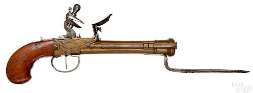 European brass cannon barreled flintlock pistol