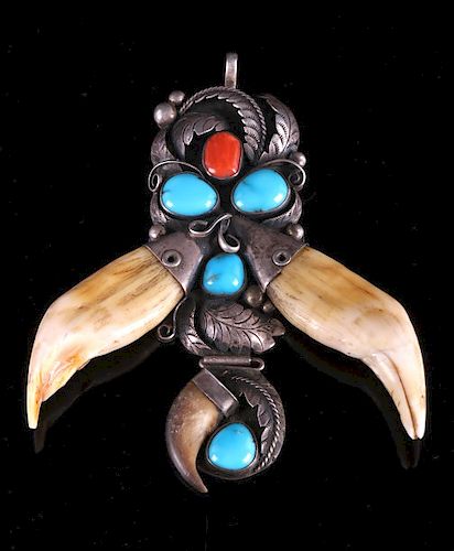 Navajo Bear Tooth Turquoise & Coral Silver Pendant