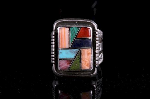 Signed Sterling Silver Mosaic Inlay Ring