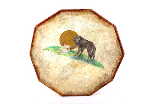 Plains Indians Wolf Painted Buffalo Hide Drum