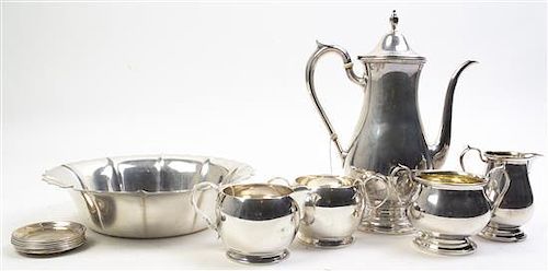 A Group of American Silver Table Articles, Shreve & Co., San Francisco, CA, Mid 20th Century, Height of coffee pot 9 3/4 inches.