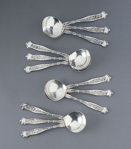 12 Pcs 19th C Whiting Dresden Sterling Soup Spoons