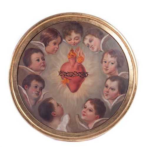 Sagrado Corazón con querubines. México, principios del siglo XX. Óleo sobre tela. Diseño en tondo. Enmarcado en madera, c/ hoja de oro.