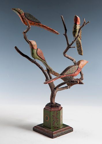 J. Murphy Folk Art Carved Birds on Tree