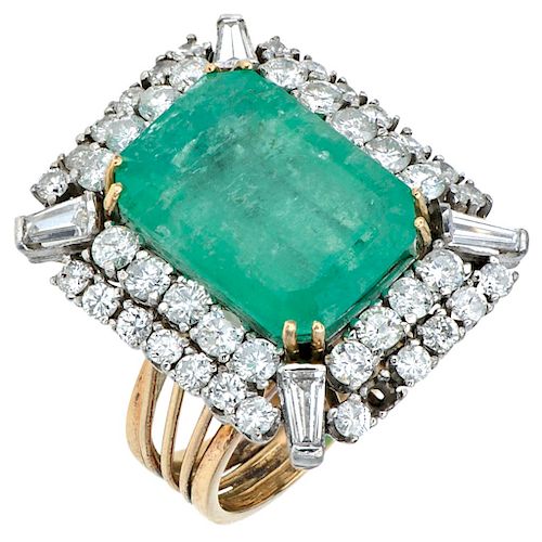 An emerald and diamond 14K yellow gold and palladium silver ring.