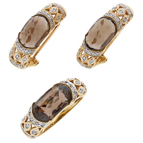 A quartz and diamond 14K yellow gold ring and earrings set.