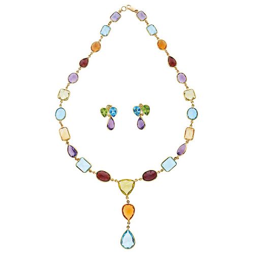 An aquamarine, citrine, amethyst, garnet, quartz, peridot and topaz 18K yellow gold necklace and pair of earrings set.