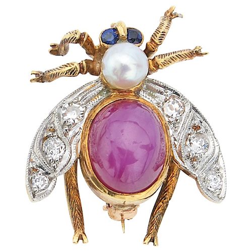 A star ruby, cultured pearl, diamond and sapphire 18K yellow and white gold brooch.