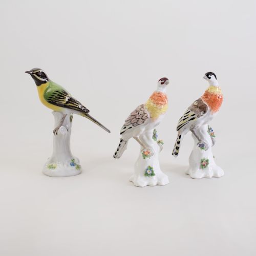 Pair of Meissen Porcelain Models of Fowl and Another Model of a Bird  