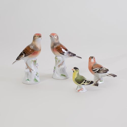 Pair of Meissen Porcelain Models of Sparrows and Two Smaller Birds