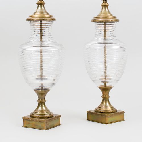 Pair of Brass Mounted Clear Glass Urn Form Lamps