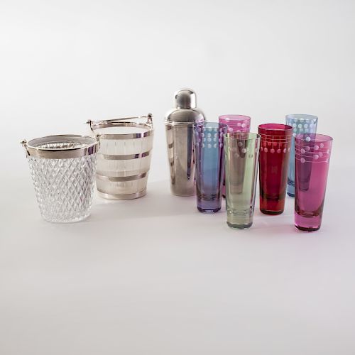 Asprey Silver Cocktail Shaker, a Set of Six Glasses and Two Silver Plate Mounted Glass Ice Buckets  
