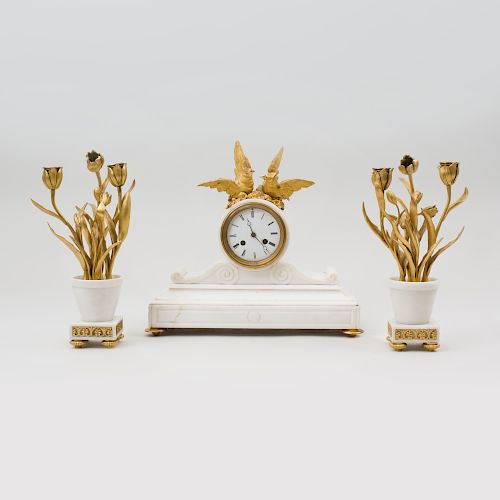 Assembled Gilt-Metal-Mounted Marble Clock Garniture