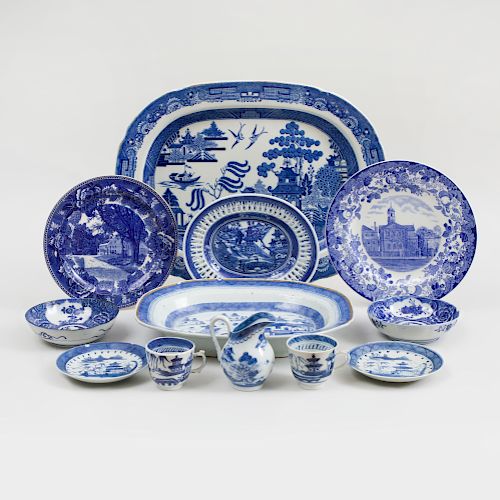 Group of Canton Blue and White Porcelain; a Group of Staffordshire Transferware; and a Japanese Fruit Bowl; and Four Dishes