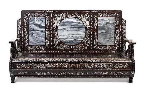 * A Chinese Wood and Mother-of-Pearl Inlay Settee, Height 35 1/2 x width 63 1/4 x depth 24 1/2 inches.