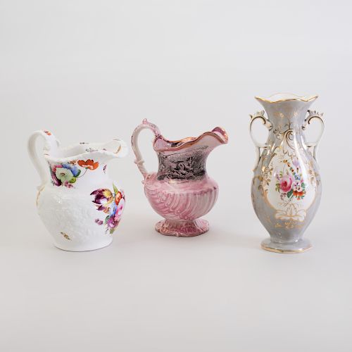 English Lusterware Pitcher, a Molded Porcelain Pitcher, and a Grey Ground Porcelain Spill Vase 