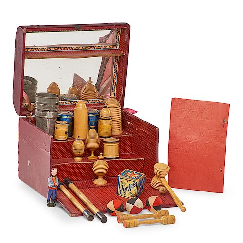 19th C. MAGIC CHEST WITH WANDS AND TRICKS