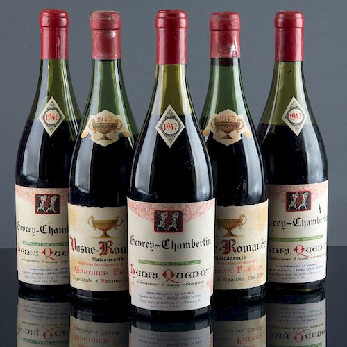 Lote de 12 vinos franceses. Consta de: 5 Vosne-Romanée. Cosecha 1945 y 7 Gevery-Chambertin. Cosecha 1947.