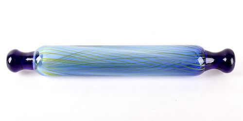 Blown Art Glass Cobalt Blue Striped Rolling Pin