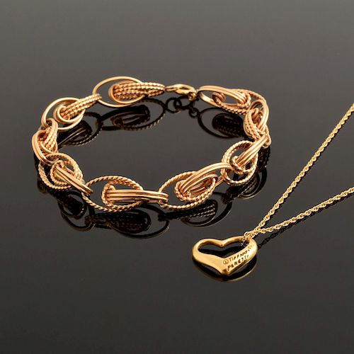 18K Gold Elsa Peretti Pendant on Chain & 14K Gold Estate Bracelet 