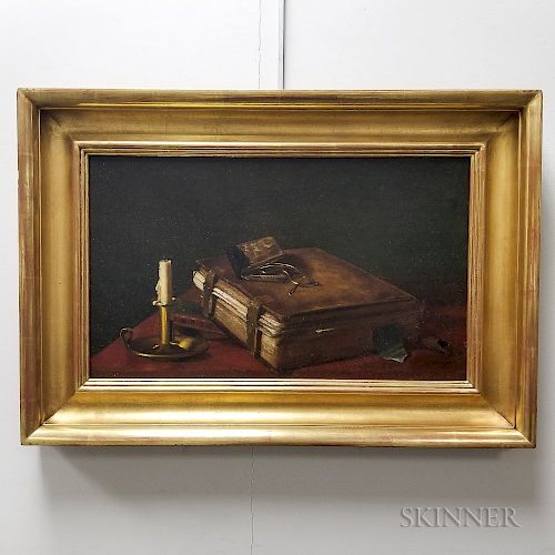 American School, 19th Century  Trompe l'Oeil Still Life with a Book and Chamberstick