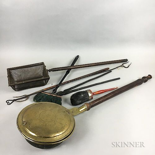 Seven Wrought Iron, Brass, and Wood Hearth Items