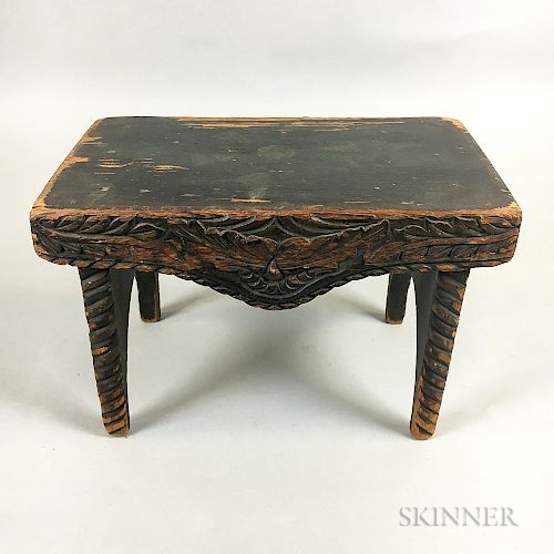 Green-painted and Carved Pine Footstool