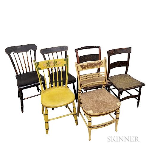 Six Painted and Stenciled Country Side Chairs