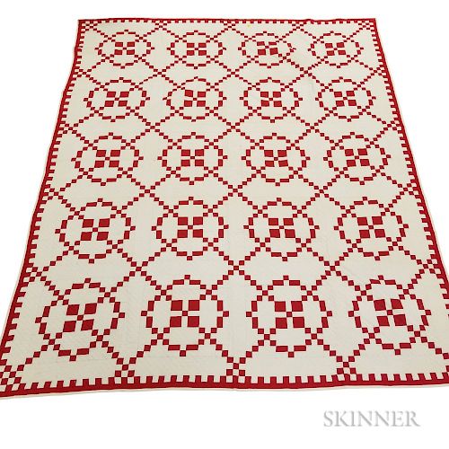 Pieced and Appliqued Cotton "Burgoyne Surrounded"  Red and White Quilt