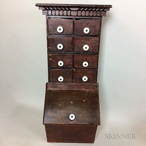 Small Red-stained Pine Eight-drawer Spice Chest