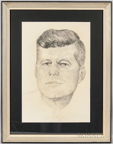 Large Framed Pencil Drawing Portrait of John F. Kennedy
