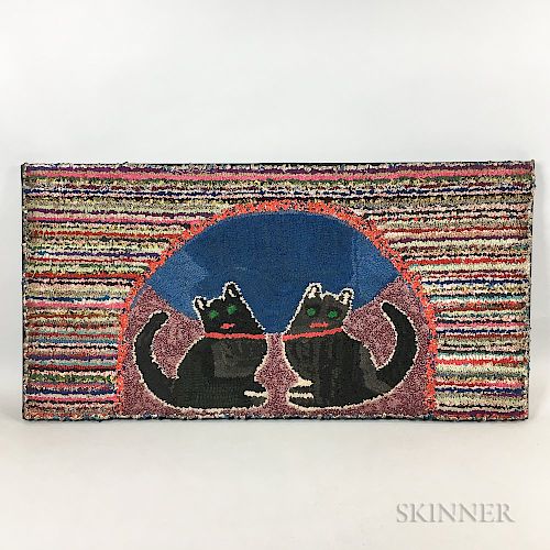 Mounted Pictorial Hooked Rug with Two Cats