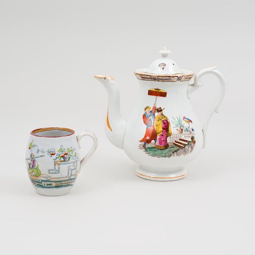 English Ironstone Transfer Printed and Enriched Chinoiserie Coffee Pot and Mug
