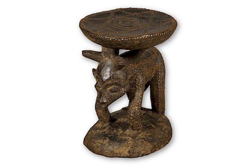 Metal Stud Embellished Zoomorphic Bamun Stool from Cameroon