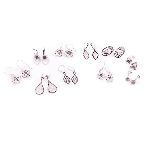 Black diamond, diamond and sterling silver earrings