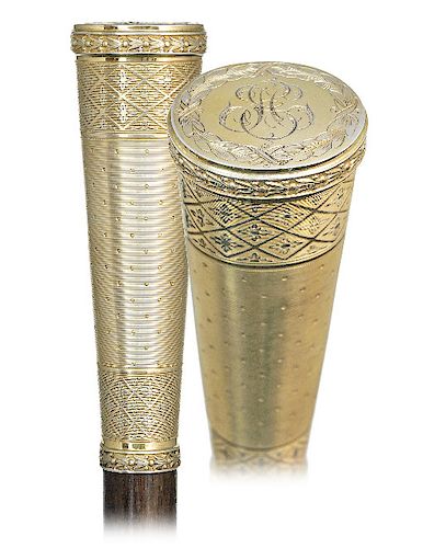 1. Silver Gilt “Cazal” Dress Cane -Ca. 1890 -Long and tapering vermeil cane handle totally engine turned with various patterns and embellished with tw