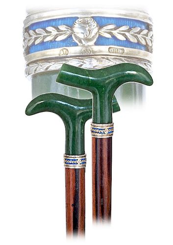 21. Fabergé Nephrite and Silver Enamel Cane -Ca. 1900 -The modified Derby shaped Nephrite handle shows beautiful proportions and an elegantly arched h