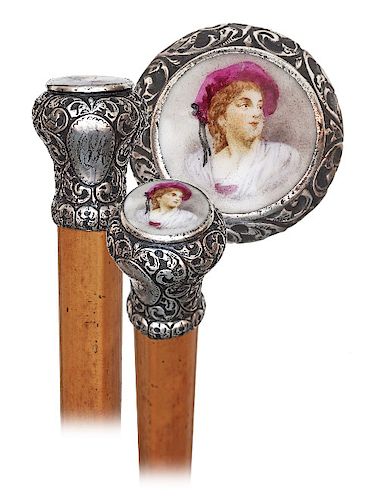 37. Silver and Porcelain Belle Epoque Cane -Ca. 1880 -Reversed pear shaped silver knob hand chased and engraved with rich scrollwork and personalized 