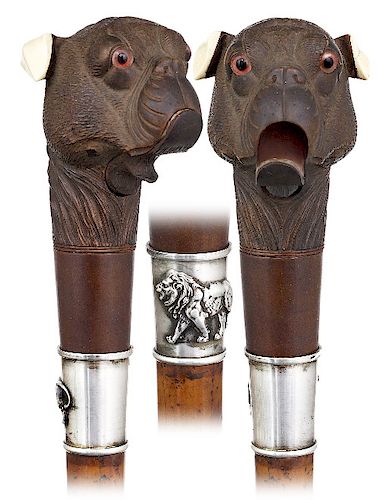 42. Giant Automated Dog Head Cane -Ca. 1900 -Giant fruitwood handle naturalistically carved in the shape of a French bulldog’s head with a finely engr
