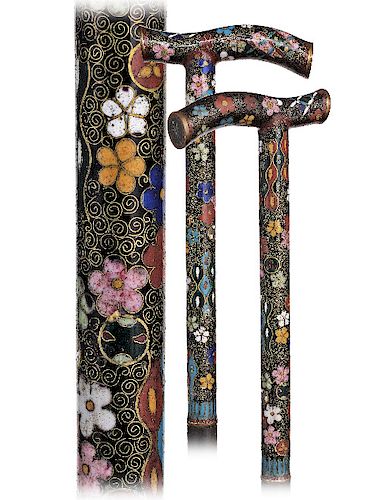 45. Cloisonné Enamel Cane -Ca. 1890 -Opera shaped Shippo enamel handle with integral longer stem profusely decorated with various blooms and floral el