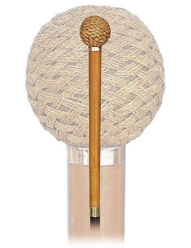 62. Macramé Day Cane -Ca. 1900 -Straight handle consisting of a wood ball entirely covered with macramé and a malacca stem with two plain and gilt col