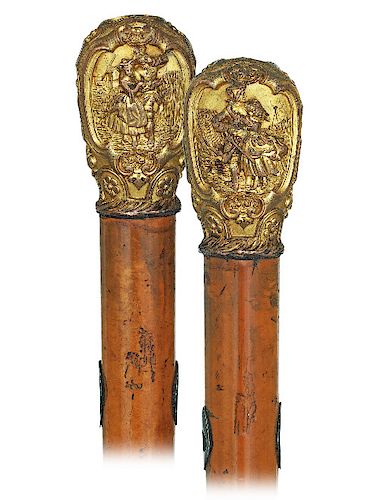 84. Early Noble Man’s Cane -Ca. 1780 -Large fire gilt bronze handle modeled in high relief and hand chased in finest detail with two gallant panels ag