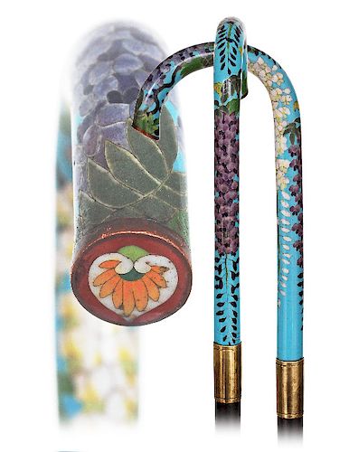95. Cloisonné Enamel Cane -Ca. 1890 -Turquoise colored Shippo enamel crook handle with an elongated vertical stem decorated with, what seems to be, a 