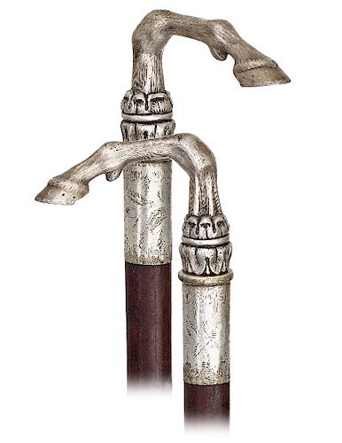 109. Victorian Turf Cane -Ca. 1860 -L-shaped horse leg and hoof silver plated handle, elaborate acanthus leaves collar and longer stem with initials w