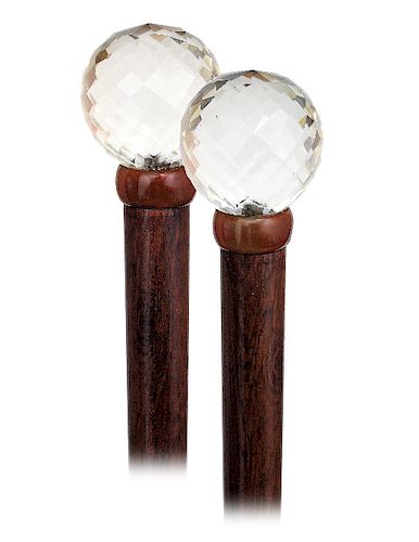 132. Rock Crystal Theater Cane -Ca. 1900 -Ball shaped rock crystal knob cut of natural pure stone, carnelian collar, snake wood shaft and a matching h